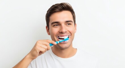 Man brushing teeth with toothbrush, promoting dental hygiene and healthy smile