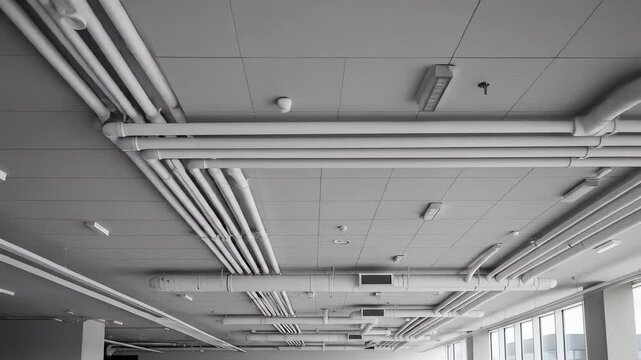 View of ceiling in modern architecture with pipes, vents, and lighting fixtures