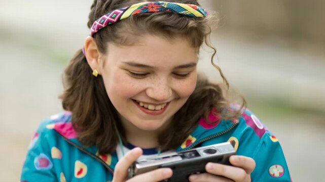 Young girl smiling while holding vintage camera colorful jacket headband outdoor candid portrait capturing joyful expression and playful freckles