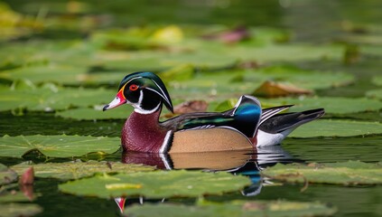 A Male Wood Duck Swimming Among Lily Pads On A Pond, Seasonal Change