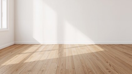Naklejka premium Empty room with brown wooden flooring and white walls, suitable for editorial header background