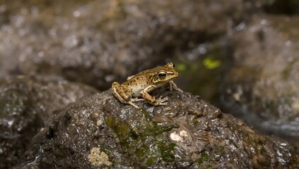 Mountain frogs resting on rocks in a forest, showcasing vibrant colors and a safe environment