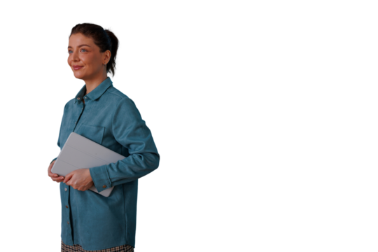Woman smiling, holding digital tablet, looking away, representing professional business and modern technology use