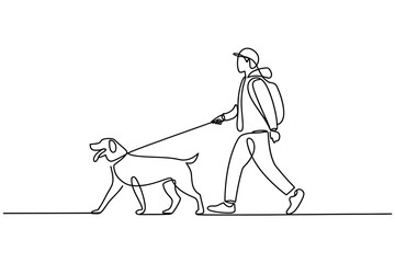Continuous line drawing of a person walking a dog on a leash showcasing companionship and outdoor activity