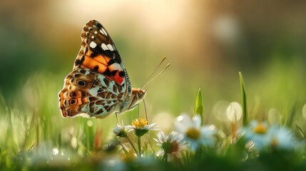 A butterfly gently landing on a blooming flower in a vibrant spring garden, with bright green grass and soft sunlight in the background.