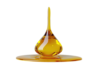 Golden honey drop falling and creating a puddle isolated on transparent background