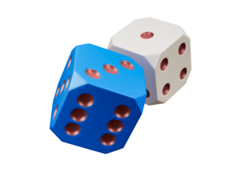 Two dice, one blue and one white, isolated on transparent background
