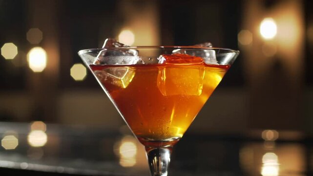 Elegant Martini Glass with Orange Slice and Ice in Warm Bar Lighting.
