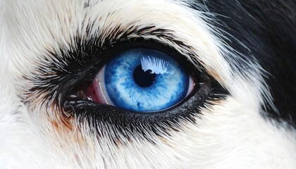 A close-up view capturing the striking, vivid blue eye of a canine, contrasting with its black and white fur