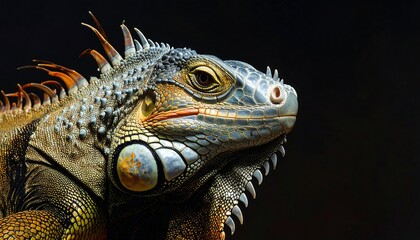Fototapeta premium A close-up side view of a large reptile. The textured skin displays various colors with sharp details against a dark background