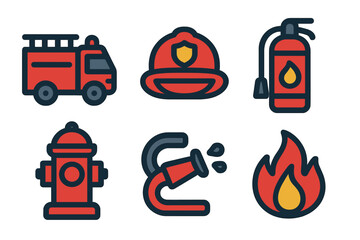 Fire safety symbols including a fire truck, helmet, extinguisher, hydrant, hose, and flame graphics in a simple design