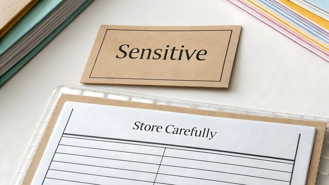 A flat lay of the word Sensitive on a brown label