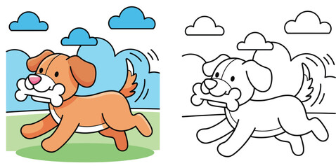 Running Cartoon Puppy with Bone - Playful Animal Vector Illustration for Coloring Books