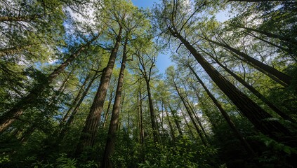 Fototapeta premium View of trees from ground level, showcasing seasonal change