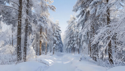 Obraz premium A stunning winter landscape with a snow-covered forest bathed in the rays of the sun, creating a feeling of cleanliness and peace. The image captures the beauty of frosty mornings and is perfect for n