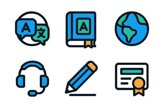 Language learning tools featuring a globe, dictionary, and certification in a creative digital style