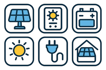 Solar energy icons representing different aspects of solar technology including solar panels and batteries