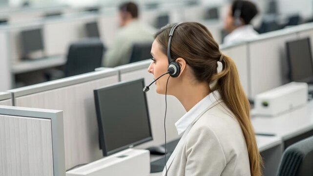 Female call center agent headset cubicle computer office customer service agent support representative focused professional talking screen microphone
