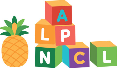 Colorful alphabet blocks spelling alpaca and a pineapple illustration on a white background for educational use