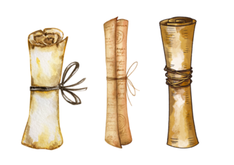 Watercolor vintage paper scrolls isolated on transparent background illustration