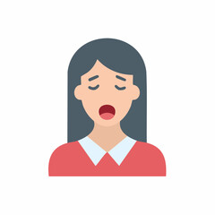 Woman yawning with mouth open and eyes closed, flat design illustration.