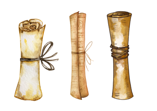 Watercolor vintage paper scrolls isolated on transparent background illustration