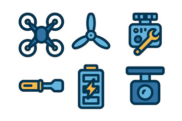 Various drone components and tools including a battery, propellers, and a screwdriver for maintenance tasks