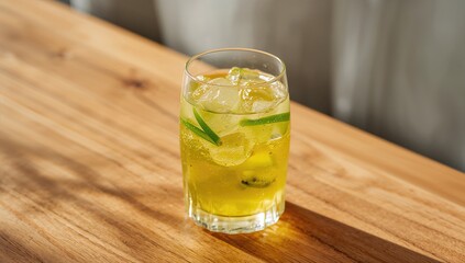 Iced kiwi-flavored Italian sodas on a table, refreshing drink choice