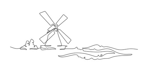 Traditional windmill standing on rolling hills in simple line art drawing style