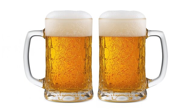Two frosty beer tankards with frothy tops facing opposite directions, ideal for Oktoberfest celebration