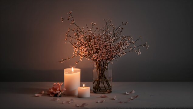 Burning candles beside a floral vase, creating a serene atmosphere, ideal for relaxation