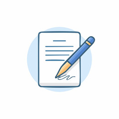 Simple vector illustration of a blue pen signing a document or contract, symbolizing agreement and authorization.