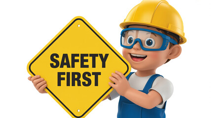 Cartoon boy wearing safety goggles and hard hat holding a yellow safety first sign on white background