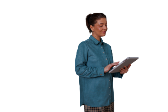 Woman working with digital tablet, browsing data, using modern wireless technology, managing business communication, transparent background