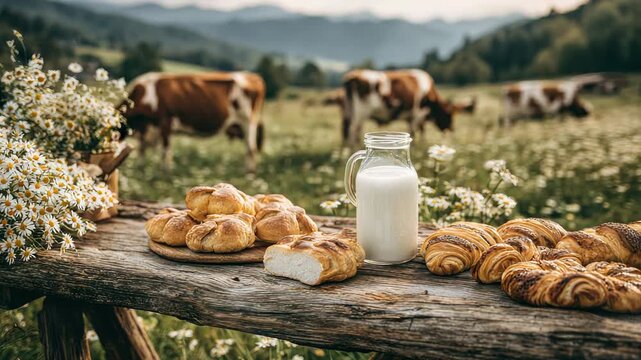 Rustic Wooden Table Displaying Fresh Breads Milk and Daisies with Cows Grazing in Meadow Under Overcast Sky Rural Charm and Warm Golden Light
