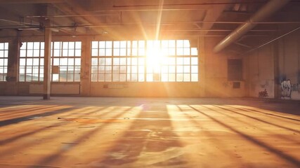 Bright sunlight streams through large windows into an empty industrial warehouse or loft space, casting long shadows on a rustic wooden floor. - Powered by Adobe