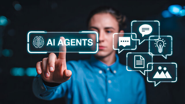 Young man interacting with holographic AI agents interface, touching virtual digital icons and symbols representing technology and artificial intelligence