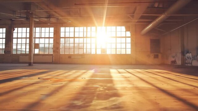Bright sunlight streams through large windows into an empty industrial warehouse or loft space, casting long shadows on a rustic wooden floor.