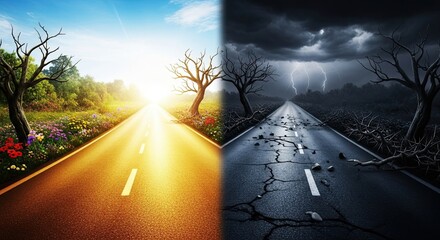 Choose your path forward a visual metaphor showcasing opposing choices with vibrant sunny road and dark stormy road for business strategy or lifestyle choices