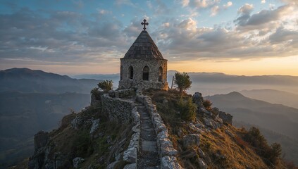 Ancient stone church featuring a conical roof and cross atop a mountain, highlighting erosion risk