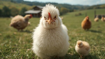 Naklejka premium Adorable fluffy chicken on a sustainable poultry farm, showcasing the benefits of eco-friendly farming practices