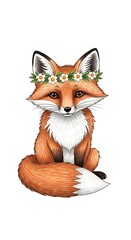 Fototapeta premium Adorable Fox with Floral Crown - A Charming Wildlife Illustration.