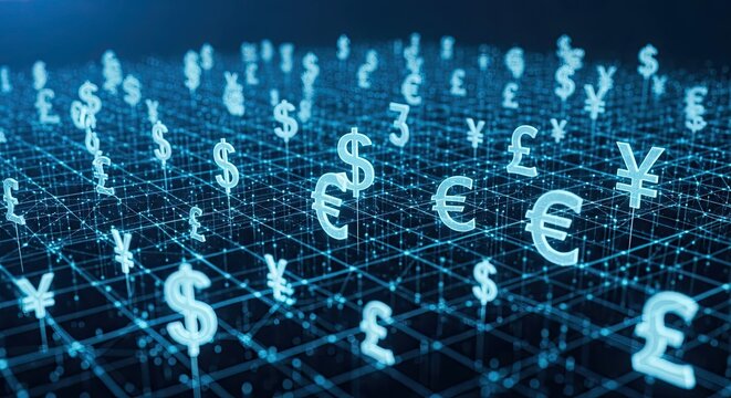 Global finance network showing dollar, euro, yen, pound symbols connected in a futuristic blue digital grid for worldwide business and investment strategies - Powered by Adobe