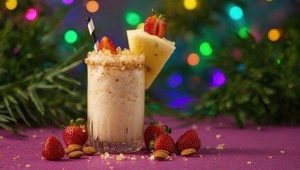 Pina colada cocktail adorned with berries, almonds, and greenery, suitable for festive gatherings