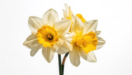 Fototapeta premium Vibrant yellow daffodils set against a white background, ideal for seasonal floral arrangements