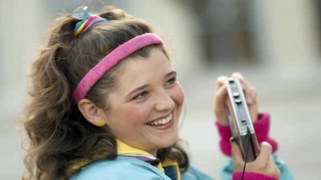 Young girl smiling holding portable cassette player colorful 1990s fashion with headband joyful retro music moment outdoor portrait young girl