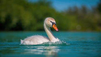 Fototapeta premium Young swan enjoys a playful bath, highlighting the joy of nature