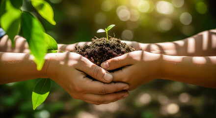 Close up elderly hands gifting glowing seedling in shade pattern of mature tree symbol protection lineage future life growth