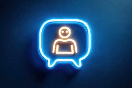 Glowing neon user profile icon in speech bubble on dark blue wall