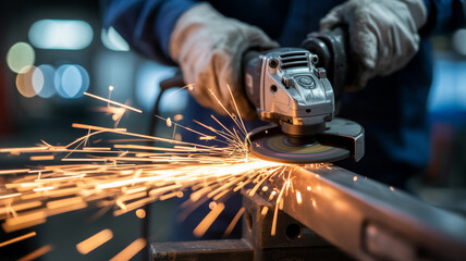 A worker grinding metal with an angle grinder creating sparks in a workshop environment setting